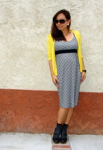 black white banana dress yellow cardi socks and mary janes